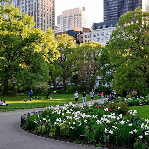 Photograph of a vibrant city park with blooming white and pink flowers, green trees, and people relaxing on a sunny day, surrounded by tall skys