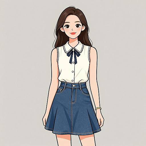Digital anime-style drawing of a smiling young woman with long brown hair, wearing a white sleeveless blouse and blue denim skirt.
