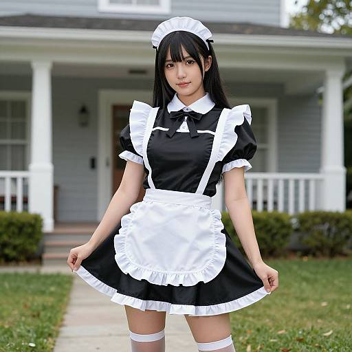 Photograph of an Asian woman in a black and white French maid outfit, standing in front of a suburban house. She has long black hair, white