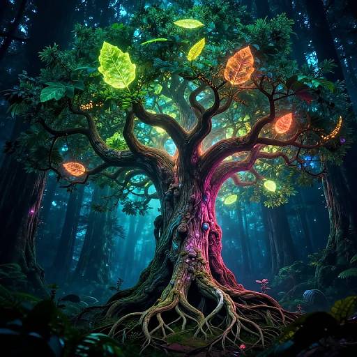 Digital fantasy artwork of a glowing, bioluminescent tree with vibrant, colorful leaves in a dark, enchanted forest. Rich, neon hues illuminate the