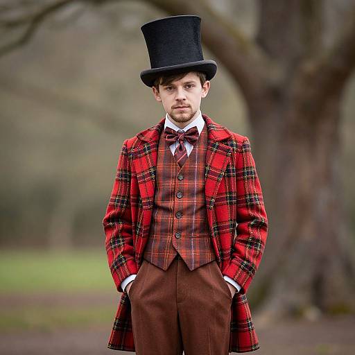 Photograph of a young white man with a slim build, wearing a black top hat, red plaid Victorian suit, brown trousers, and white shirt