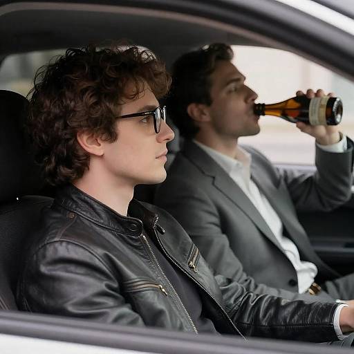 Two Men in Car One Drinking Alcohol