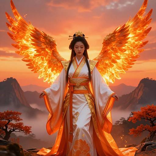 Digital art of an Asian woman with fiery orange wings, wearing a white and gold traditional kimono, standing in a misty mountain landscape at sunset.