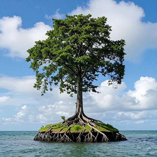 Photograph of a solitary, large green tree with exposed roots, standing on a small island in calm blue ocean, under a bright, partly cloudy sky