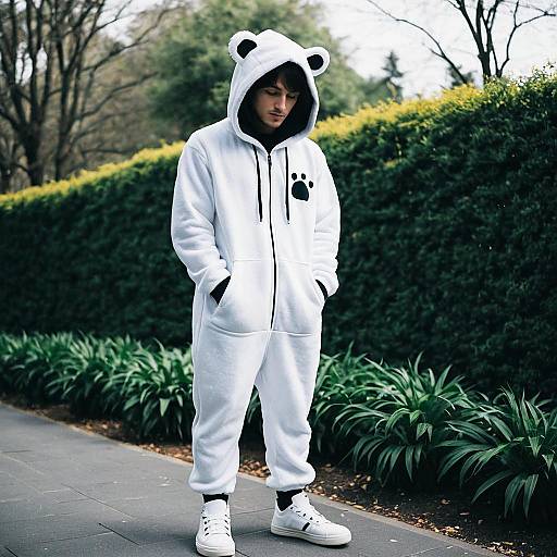 Young Man in White Bear Onesie Outdoors