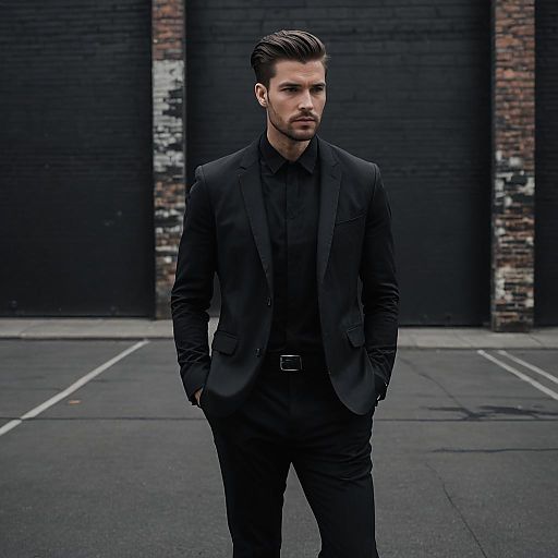 Photograph of a handsome, bearded man in a black suit, black shirt, and polished black shoes, standing confidently in an industrial, gray concrete