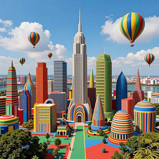 Vibrant, surreal photograph of a colorful cityscape with striped skyscrapers, rainbow archways, and floating balloons under a bright blue sky.