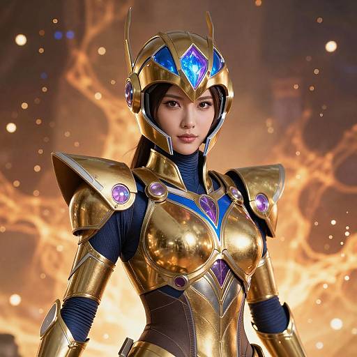 Digital art of a fierce Asian woman in gold and blue armored suit with purple gems, standing against a fiery background.