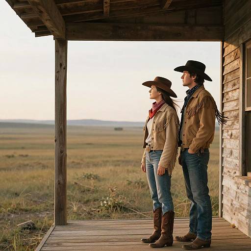 Photograph of two cowboy/cowgirl pair standing on wooden porch, facing vast prairie landscape; both wear brown fringe jackets, hats, jeans,