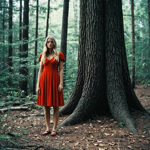 Woman in Red Dress Standing by Large Tree in Forest
