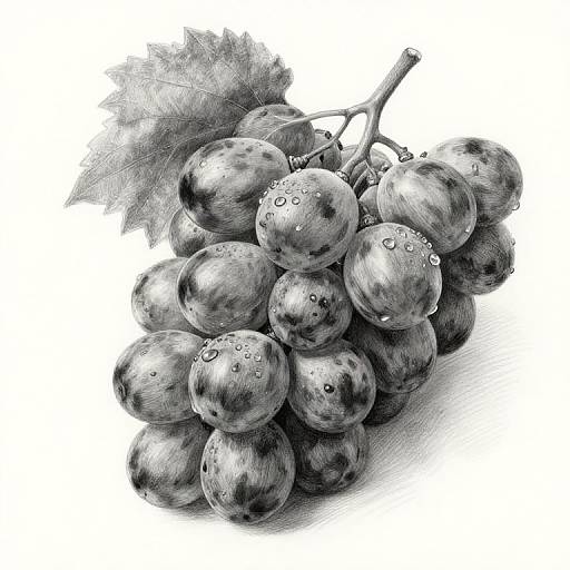 Detailed black-and-white digital drawing of a cluster of grapes with droplets, textured skin, and a single leaf, showcasing realistic shading and light reflections.