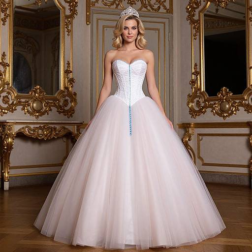 Blonde Woman in White Corset Ball Gown with Tiara