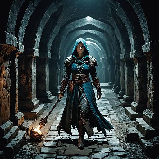 Female Mage Walking in Underground Catacombs