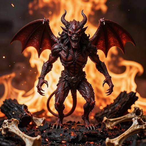 Demonic Figurine Amidst Fiery Bones