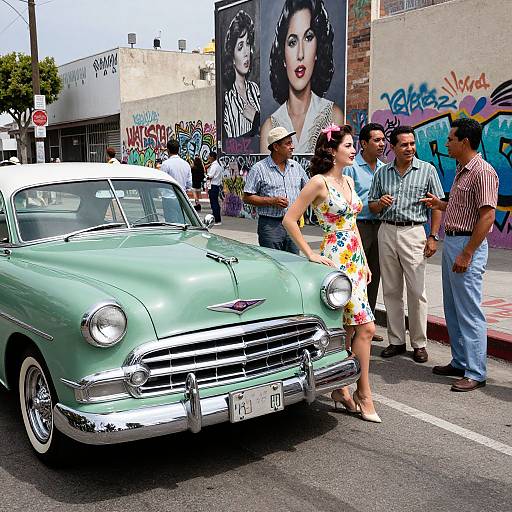 Photograph: 1950s mint-green car on street, four people conversing, colorful graffiti wall, large portrait of woman, sunny urban setting