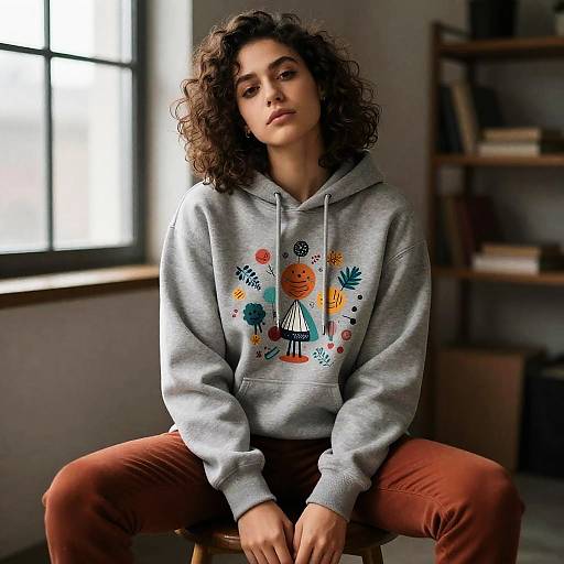 Young Woman in Gray Hoodie Sitting on Stool