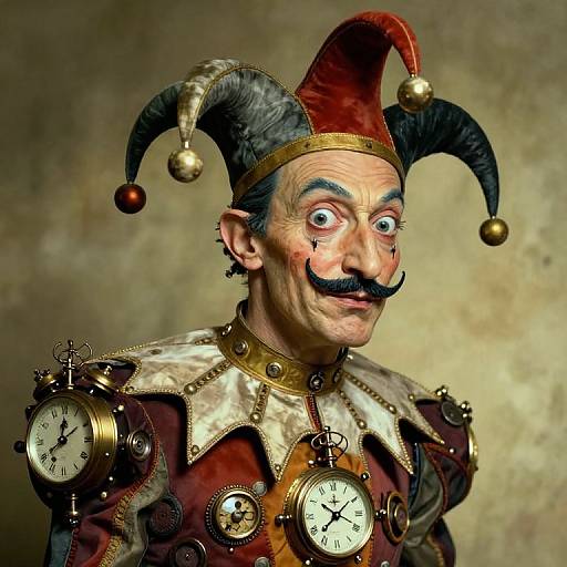 CGI image of a jester with a large mustache, black hair, wearing a red and gold jester hat, adorned with clock pockets and
