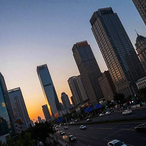 Photograph of a cityscape at sunset, featuring tall skyscrapers with reflective windows, a colorful orange and blue sky, and a busy street with