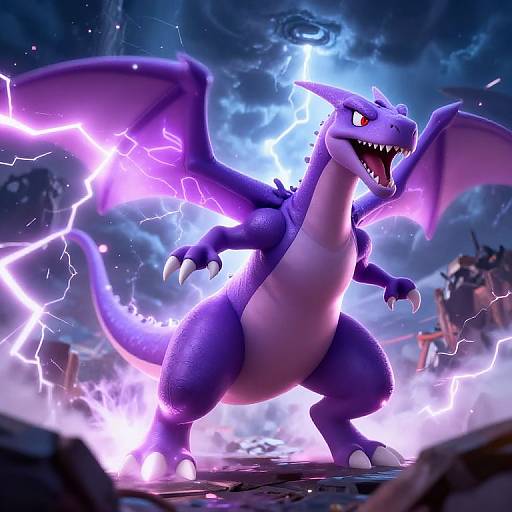 Digital artwork of a fierce, purple dragon with glowing wings and lightning, roaring in a stormy, electrified landscape, claws extended.