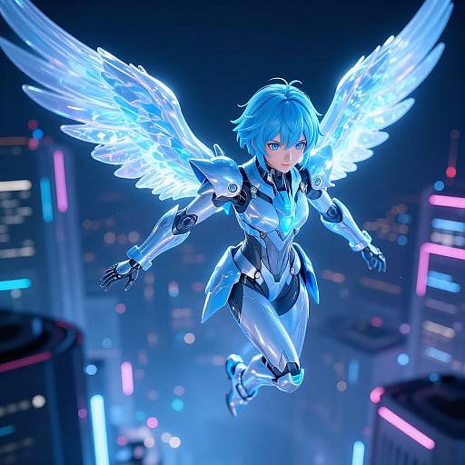 CGI image of a blue-haired, blue-eyed, winged android woman in a futuristic, glowing blue and black armor, flying above a neon-l