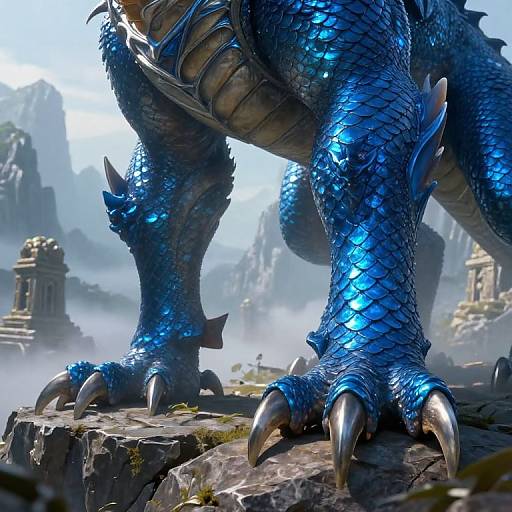 CGI image of a blue, scaly, dragon-like creature with sharp claws standing on a rocky, misty mountain ruin. Detailed scales and metallic