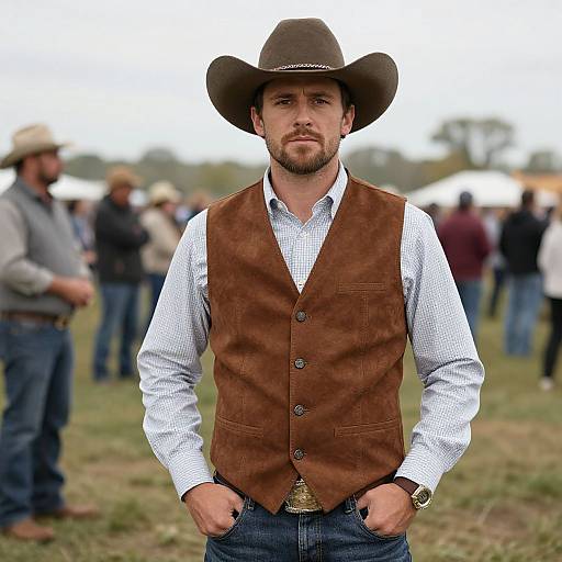 Photograph of a bearded man in a brown cowboy hat, brown suede vest, white checkered shirt, and blue jeans, standing confidently outdoors with