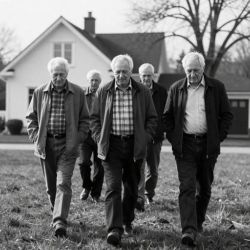Four Older Men Walking on Lawn