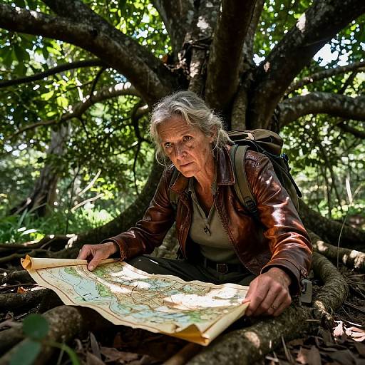 Elderly woman with gray hair, leather jacket, and backpack, intently studying a map under a large tree in a sunlit forest. Phot