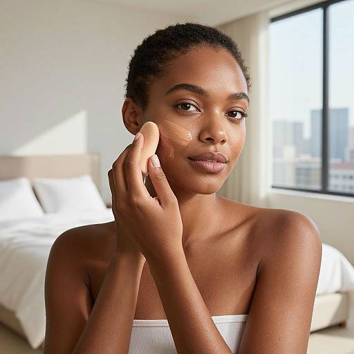 Photograph of a beautiful, dark-skinned woman with short curly hair, applying face cream, wearing a white strapless top, in a bright,