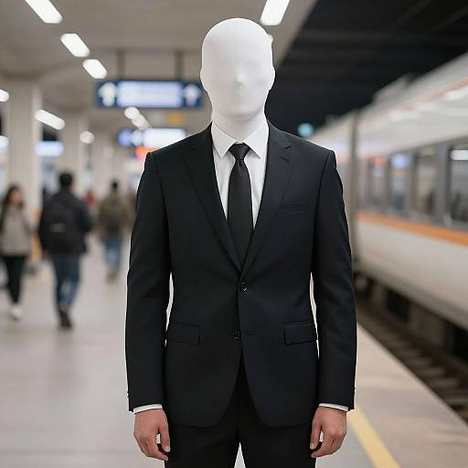 Photograph of a faceless, white-skinned man in a black suit and tie standing on a modern, brightly lit train platform.