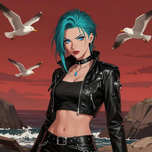 Confident Woman in Edgy Leather Against Dramatic Sky