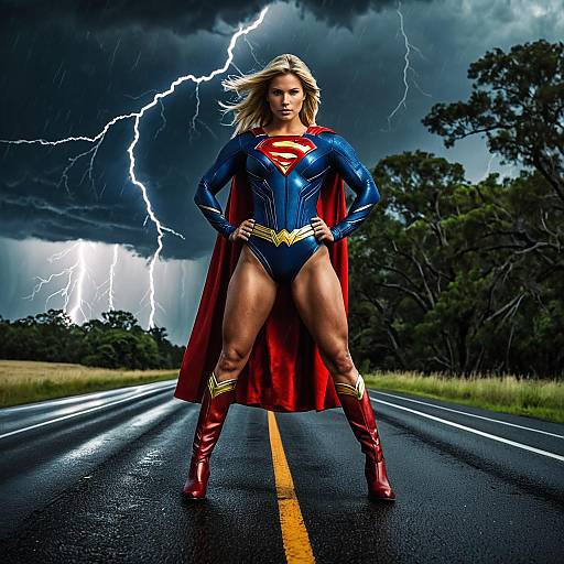 Blonde Superhero Woman in Lightning Storm