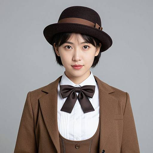 Photograph of an Asian woman with short black hair, wearing a brown Victorian-style hat, brown suit, white shirt, and black bow tie, against