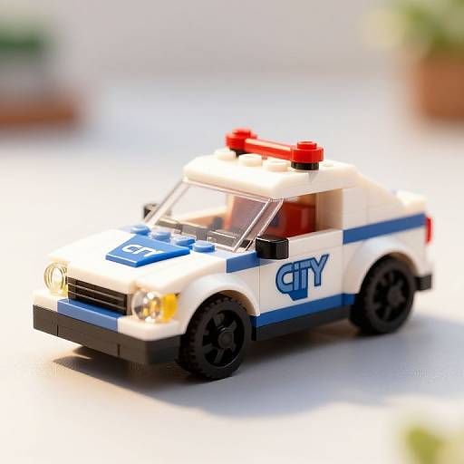 Photograph of a LEGO city police car with white and blue body, black wheels, red roof light, and 