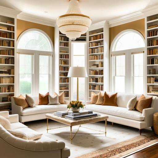 Luxurious Living Room with Bookshelves and Chandeliers