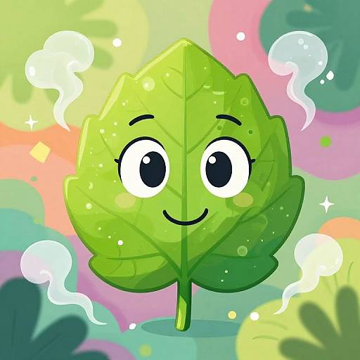 Digital cartoon of a green leaf with large, smiling eyes, surrounded by colorful, abstract bubbles and sparkles against a pastel background.