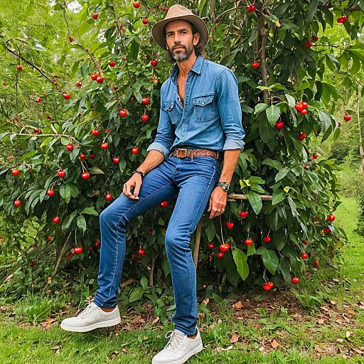 Man in Denim Outfit Sitting by Cherry Tree