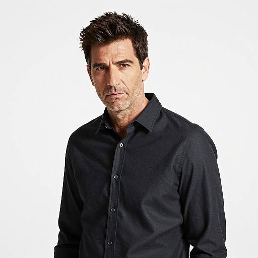 Serious man in dark buttoned shirt