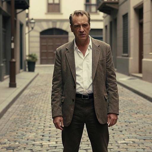 Photograph of a serious middle-aged man with short, disheveled hair, wearing a brown blazer, white shirt, and black pants, standing