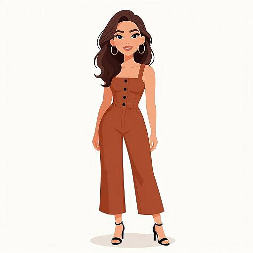 Digital illustration of a confident woman with long black hair, wearing a red jumpsuit with black buttons, large hoop earrings, and black high heels, standing