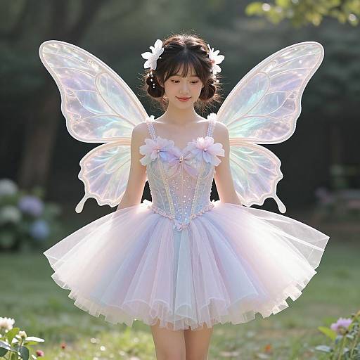 Photograph of a young Asian girl with fair skin, wearing a white, sparkling fairy costume, including translucent wings and a tulle dress, standing in