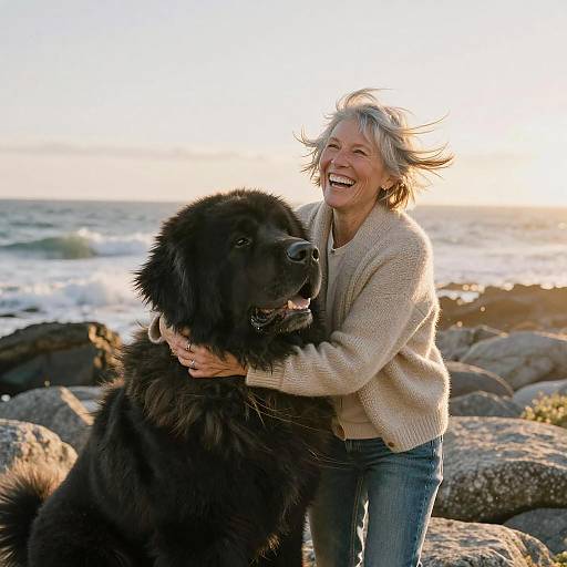 Woman Hugging Newfoundland Dog on Rocky Atlantic Shoreline