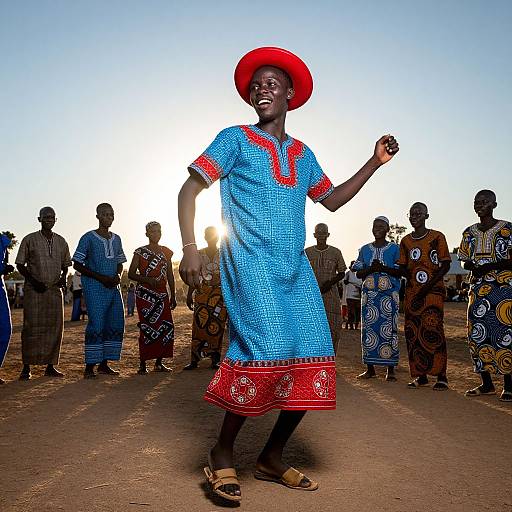 Photograph of a joyful African woman in a blue dress with red trim and hat, dancing in a sunlit village, surrounded by people in traditional attire