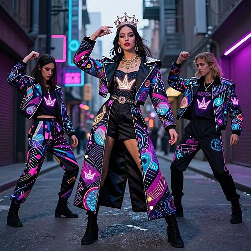 Photograph of three women in vibrant, neon-patterned black outfits with crown headpieces, posing confidently on a neon-lit urban street.