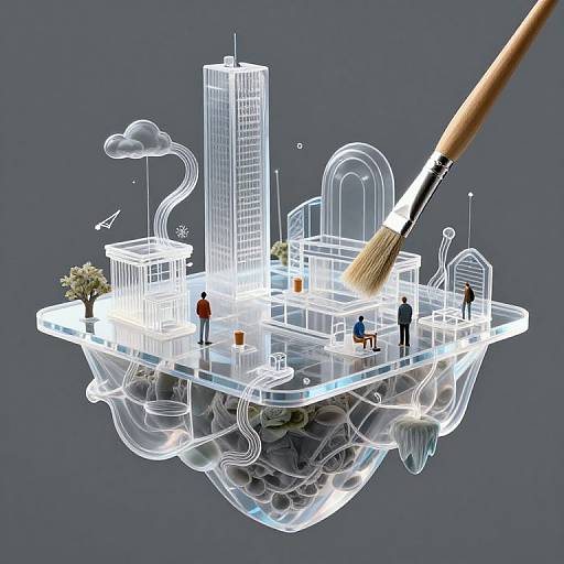 Digital illustration: transparent, floating cityscape with white-line buildings, tiny people, trees, and a paintbrush hovering above, set against a gray background