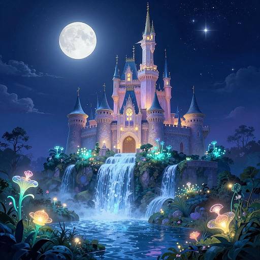 Bioluminescent Castle Under Moonlight