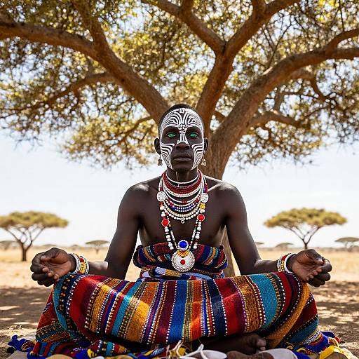 Photograph of a dark-skinned African woman with white face paint, colorful beaded jewelry, and traditional striped cloth, meditating under a large tree