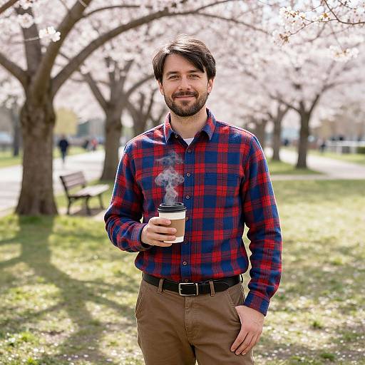 Man Enjoying Coffee in Spring Park