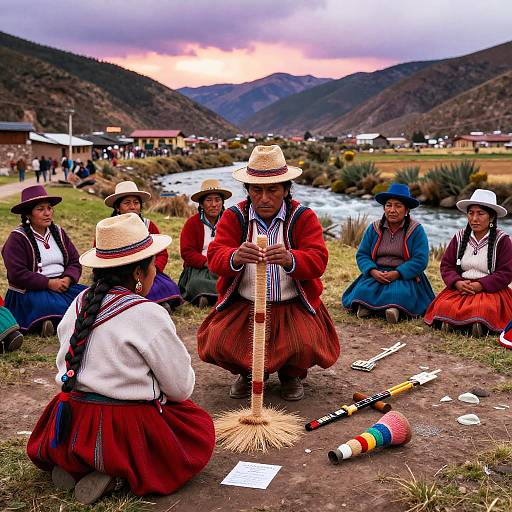 Photograph of six Andean women in traditional red skirts, white blouses, and straw hats, weaving near a river in a mountain village at sunset