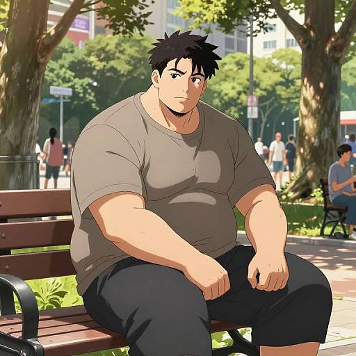 Digital anime-style drawing of a muscular, fair-skinned man with black hair, wearing a gray t-shirt and black pants, sitting on a park bench
